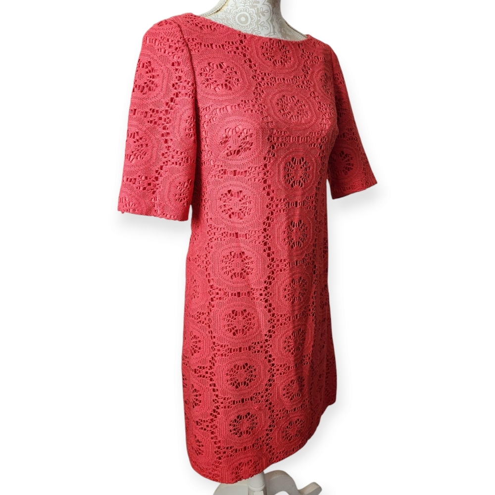Adrianna Papell Coral Medallion Mesh Lace Shift Coctail Dress Size 6